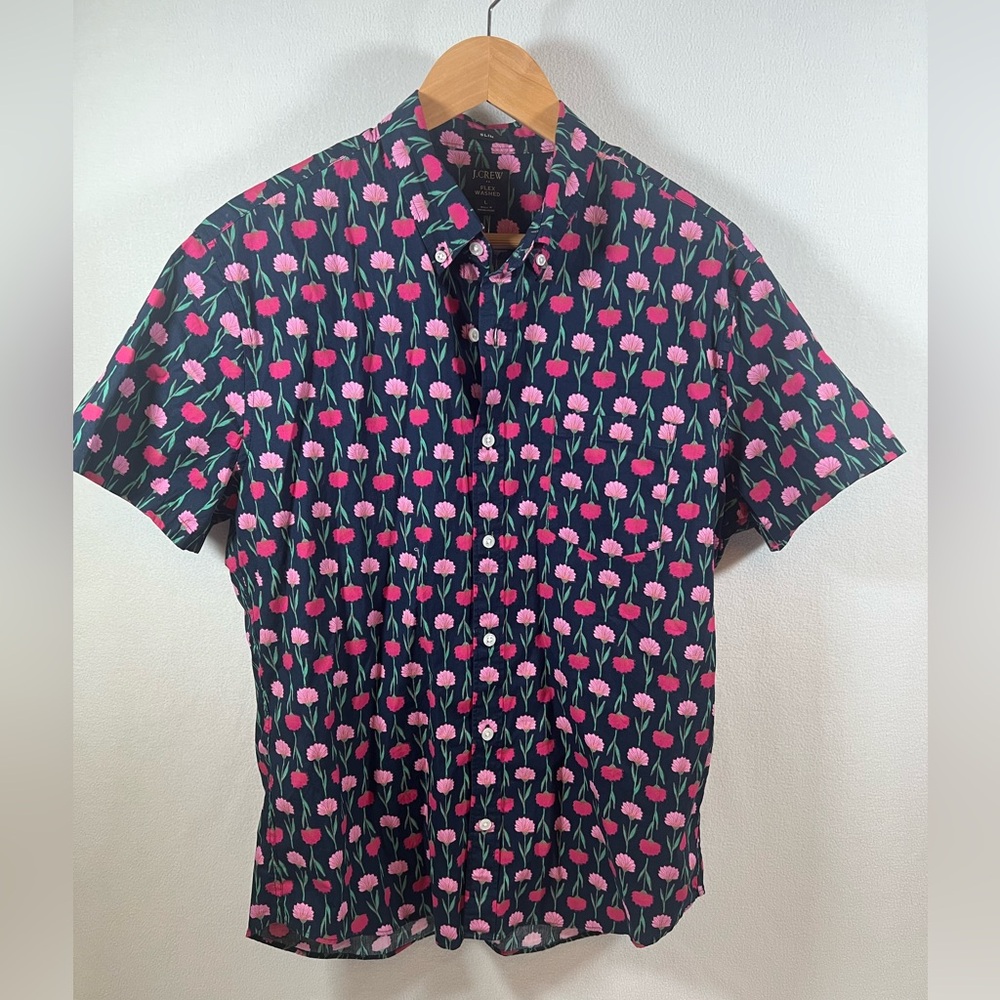 J. Crew Pink and Blue Floral Men's Shirt Flex Washed Slim NWT Size L